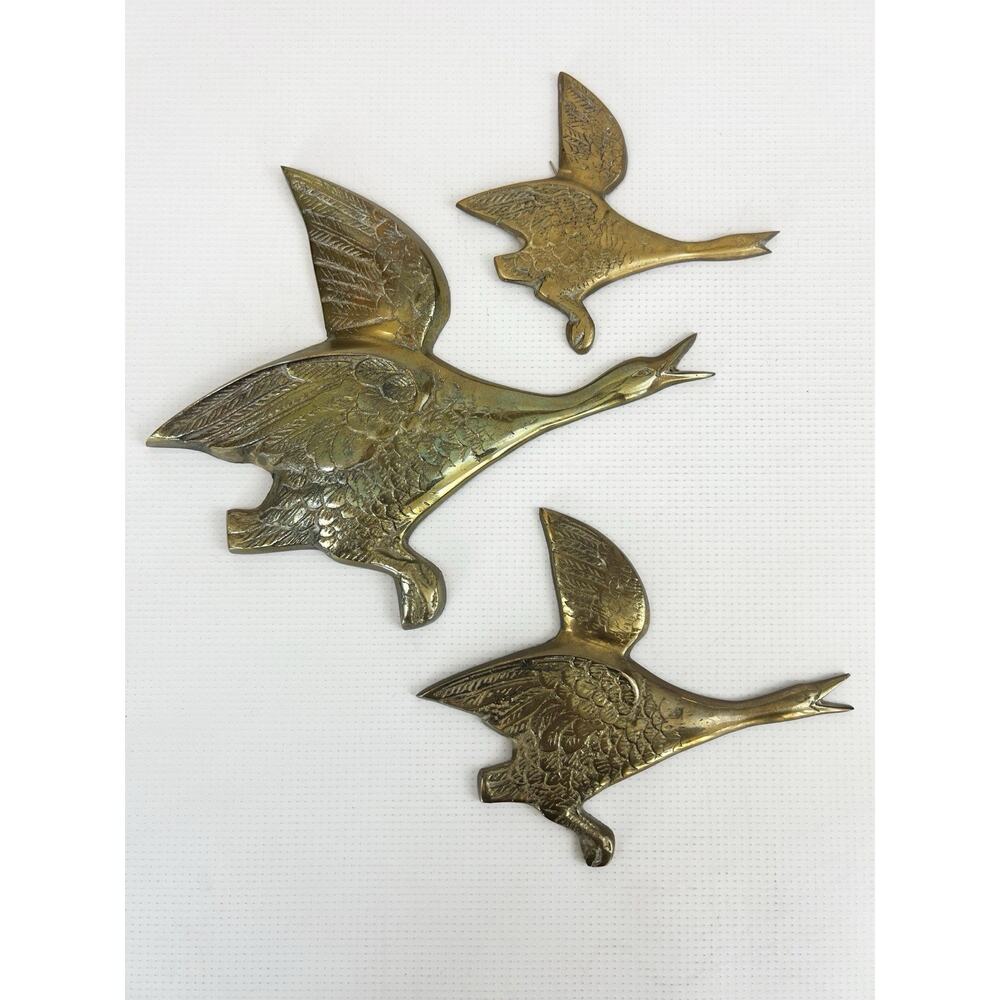 Antique Brass Flying Geese Goose Wall Hanger MCM Midcentury Modern Patina